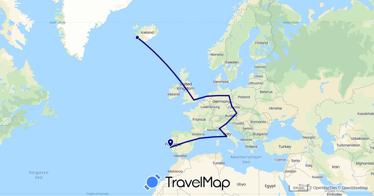 TravelMap itinerary: driving in Austria, Czech Republic, Germany, Spain, United Kingdom, Iceland, Italy, Netherlands, Portugal (Europe)