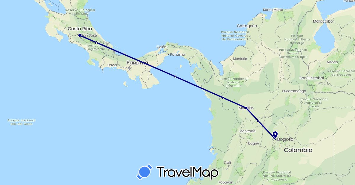 TravelMap itinerary: driving, plane in Colombia, Costa Rica (North America, South America)
